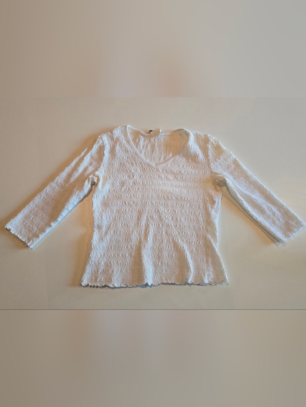 Crepe Textured V-Neck Women’s Top - White 3/4 Sleeves